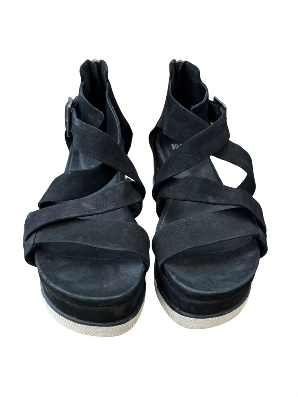 EILEEN FISHER Boost Platform Wedge Sandals Black Leather Size 9
